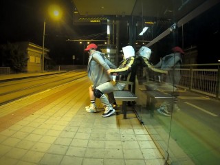 Quick and risky sex with Dada Deville at a bus stop with squirting orgasm and cum in mouth